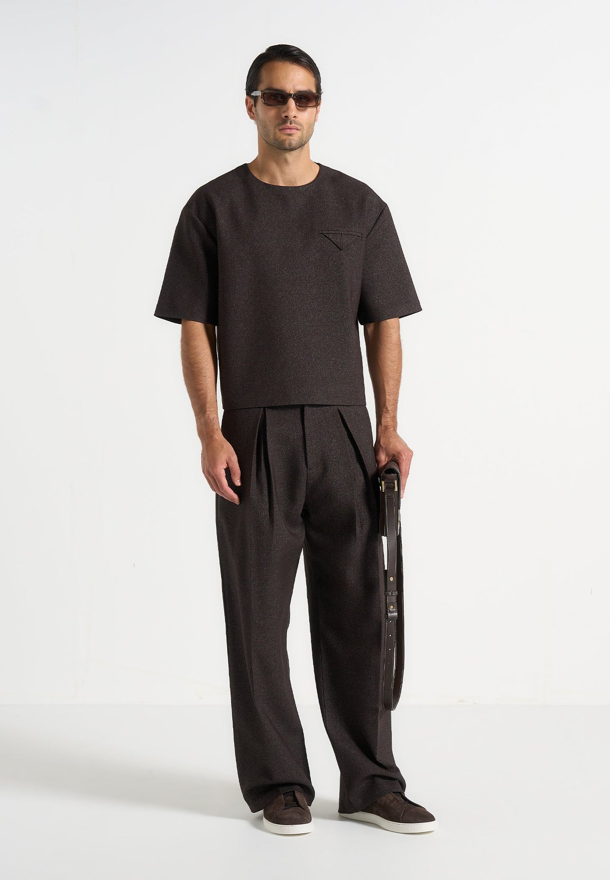 Lior - Box Pleat Hatched Wide Leg Pants - Dark Brown