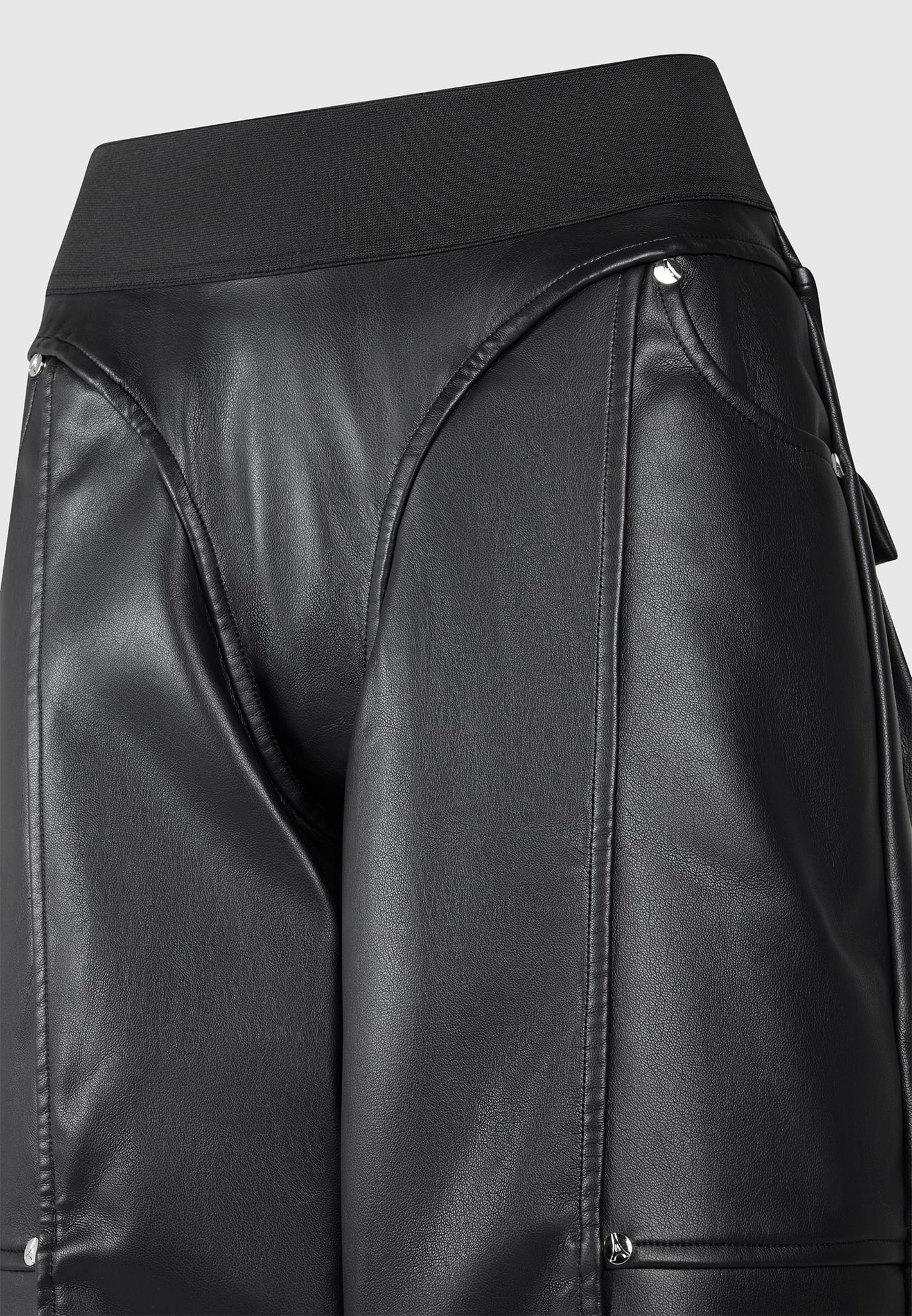 elasticated-waist-vegan-leather-cargo-trousers-black