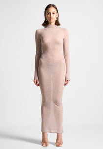 Mock Neck Sheer Midaxi Dress - Beige
