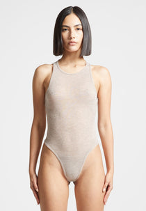 Sheer Racer Neck Bodysuit - Beige