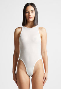 Sheer Racer Neck Bodysuit - White