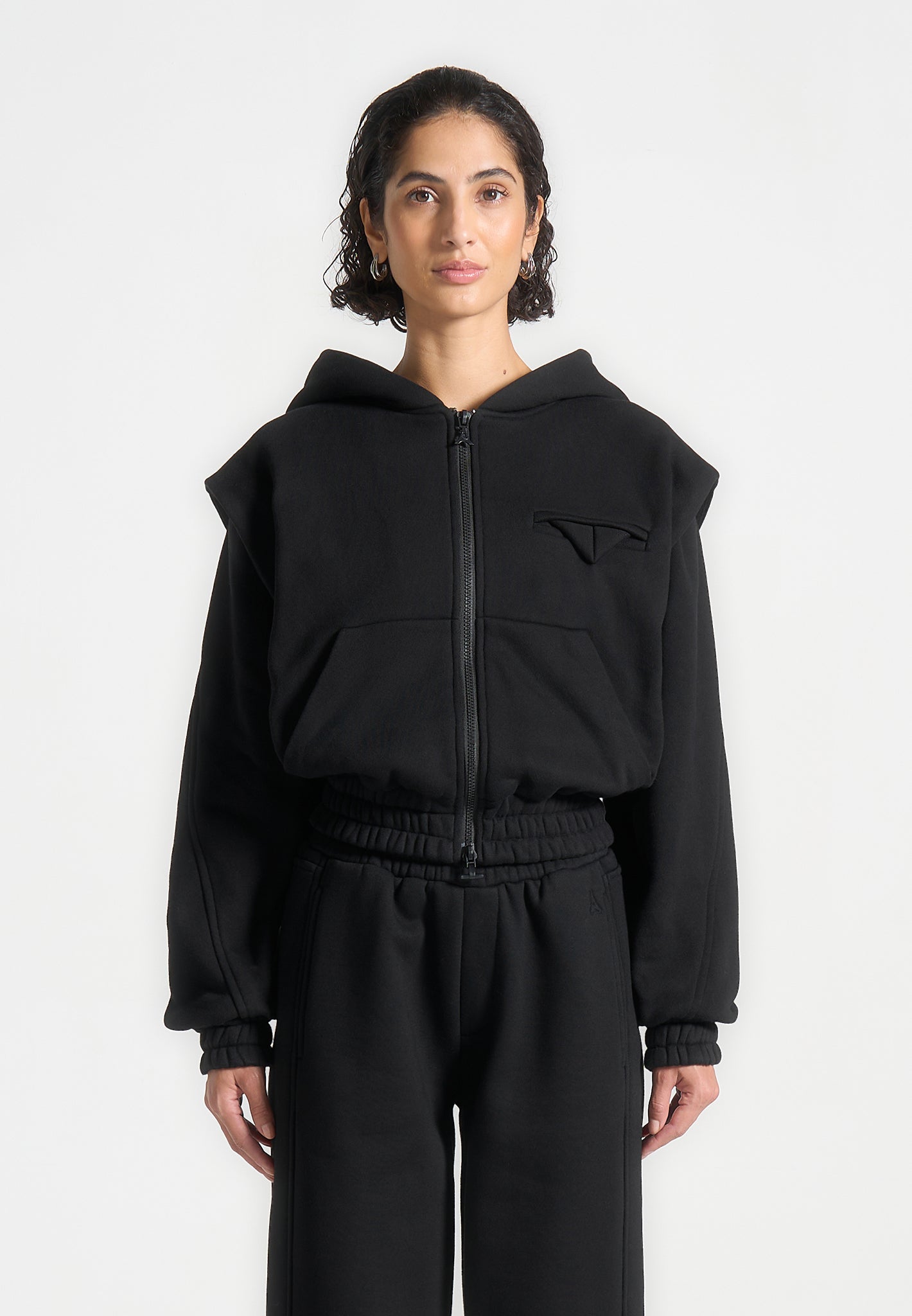 Louna - Wide Shoulder Zip Through Hoodie - Black