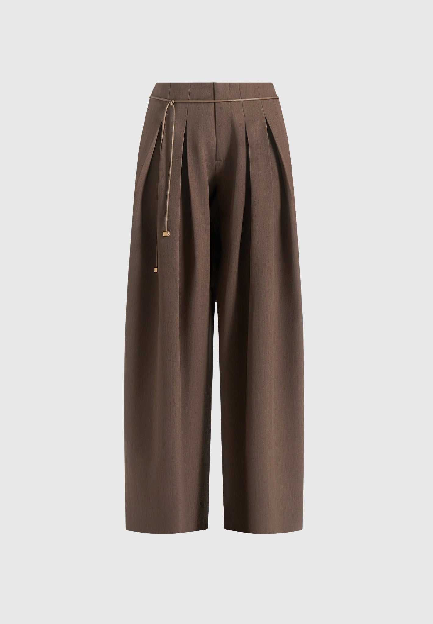 Flora - Box Pleat Wide Leg Belted Pants - Brown