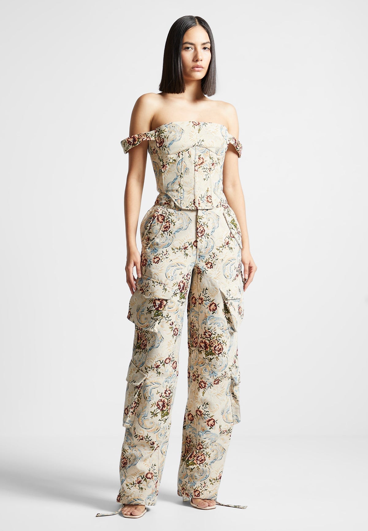 Bonnie - Floral Jacquard Bardot Corset Top - Beige