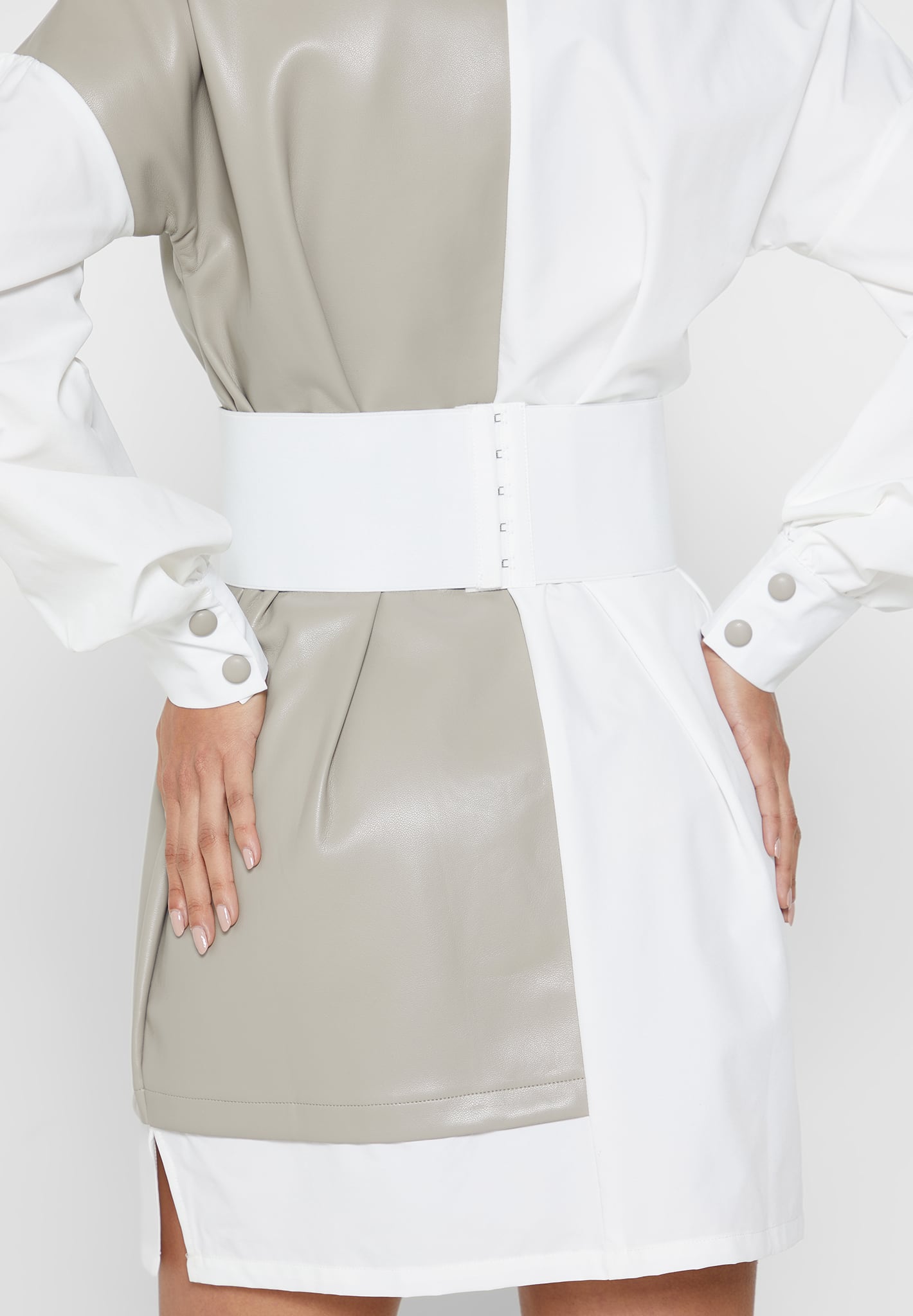 Half Vegan Leather Shirt Dress - White/Beige