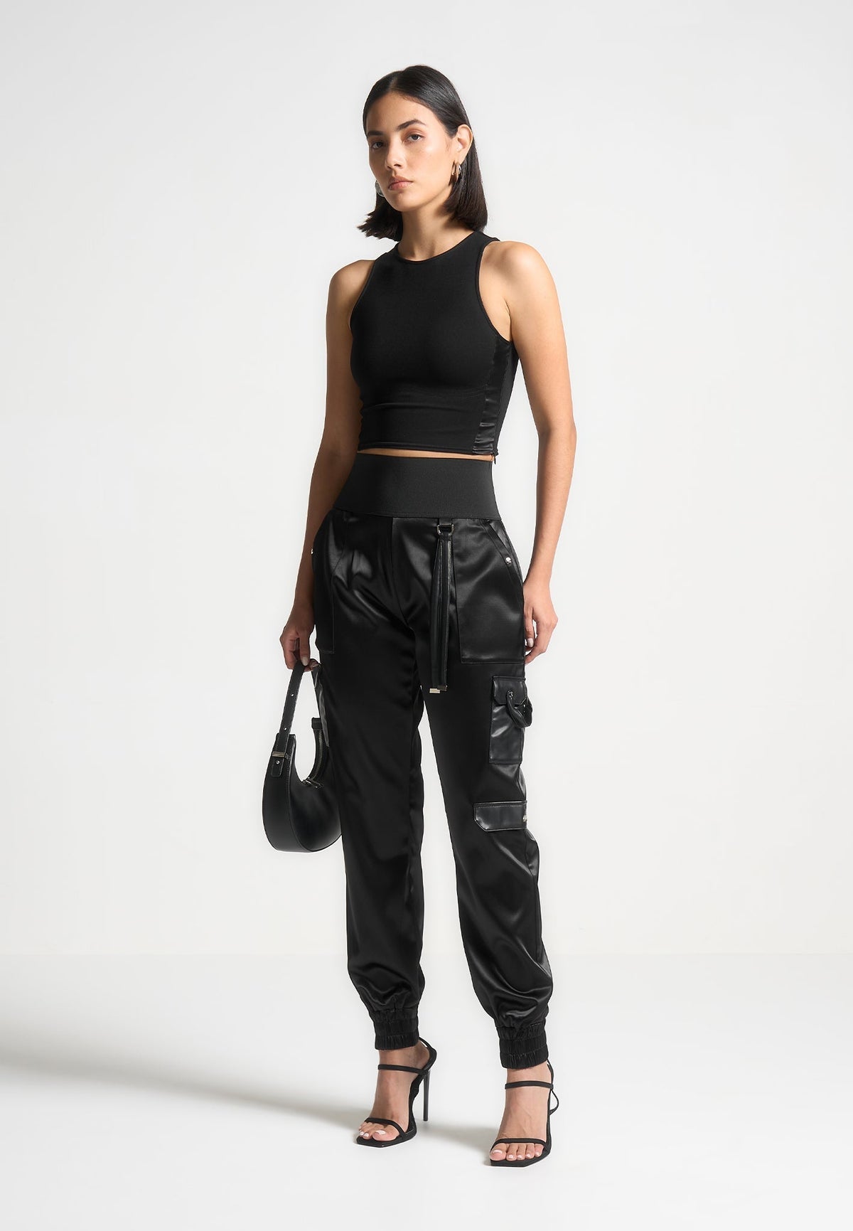 High Waisted Satin Cargo Pants - Black