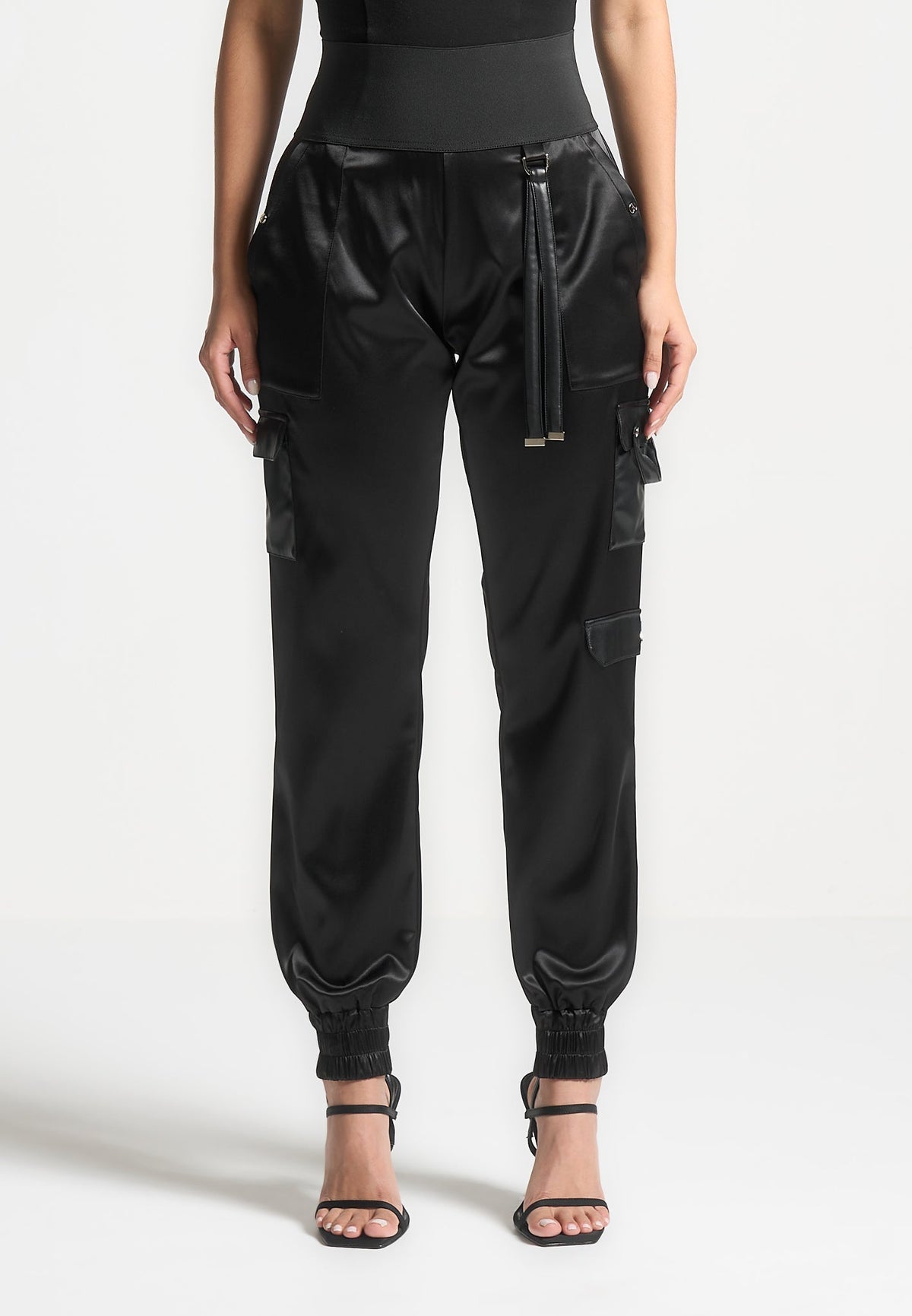 High Waisted Satin Cargo Pants - Black
