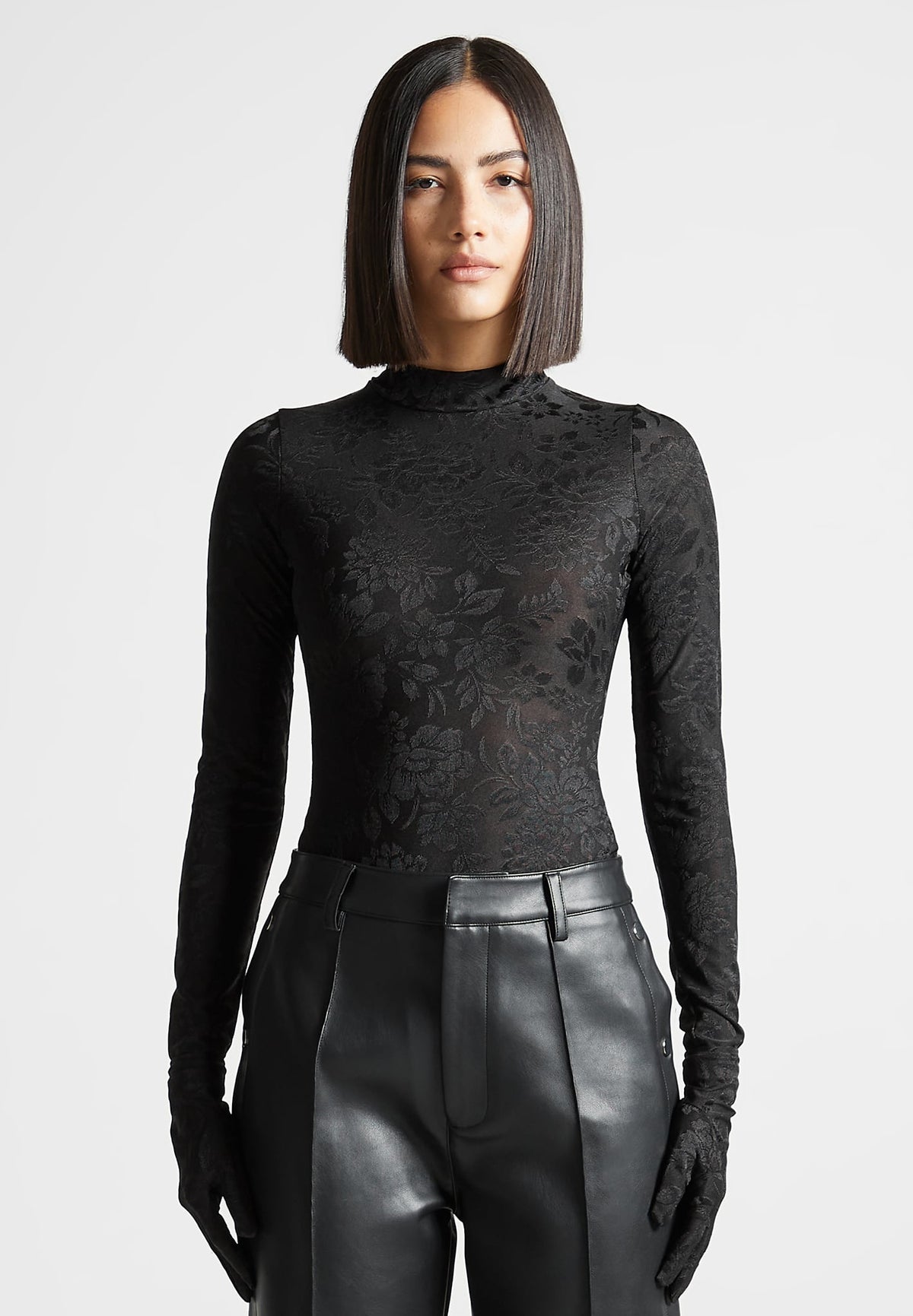 Ivy - Jacquard Bodysuit with Gloves - Black