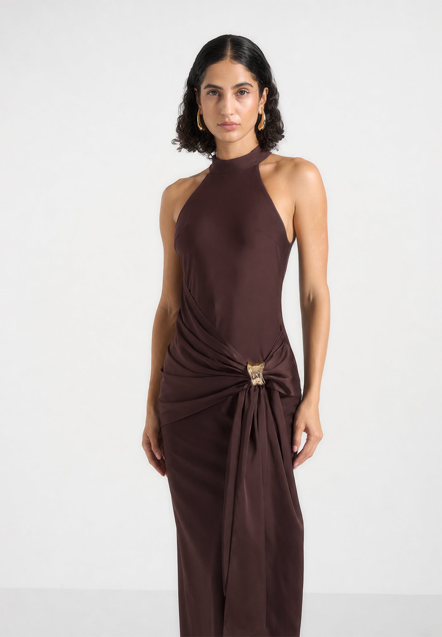 Willow - Halter Neck Clasp Detail Satin Sash Maxi Dress - Brown