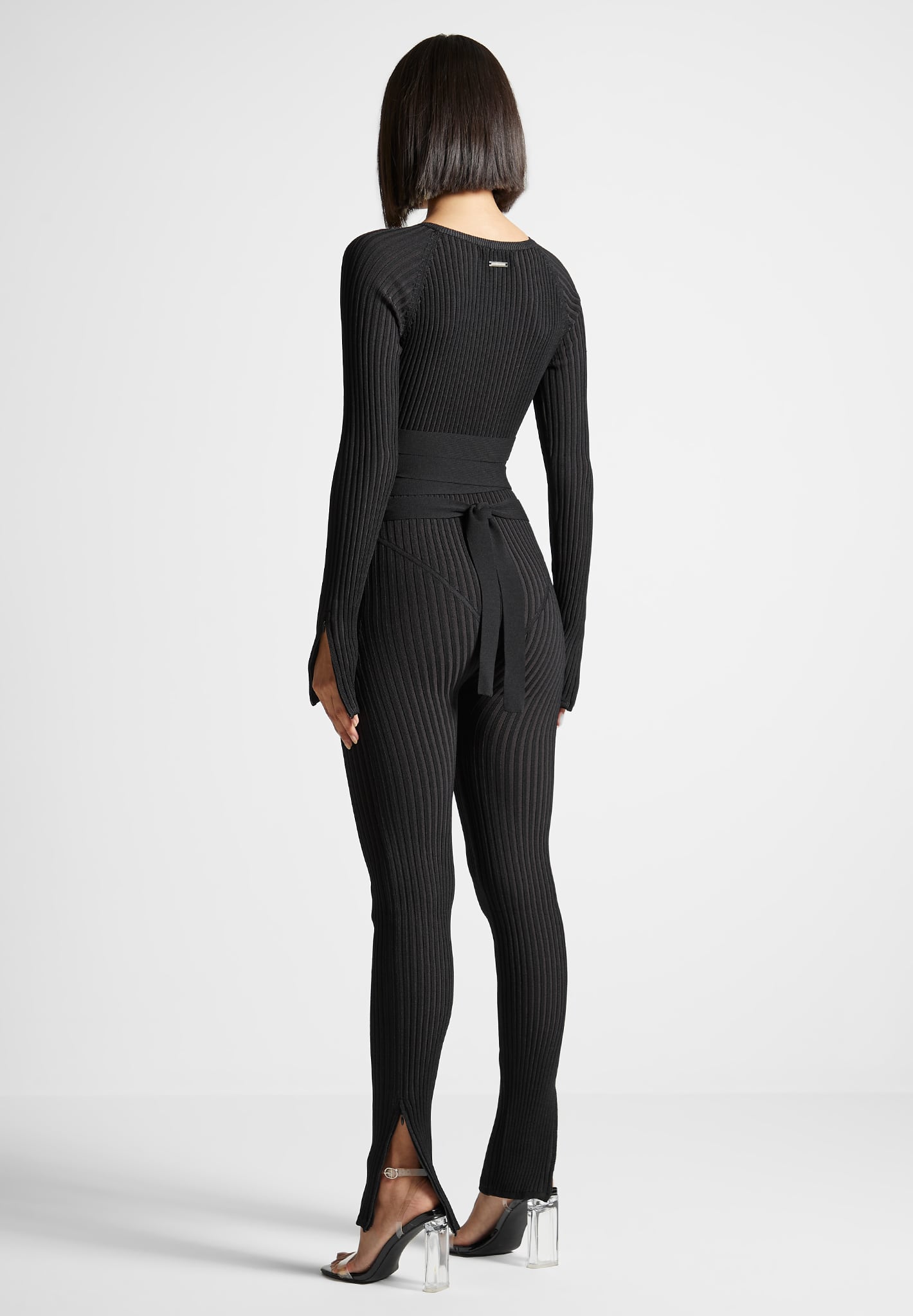 Knitted Two Tone Jumpsuit with Belt - Black