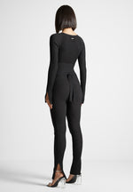 Knitted Two Tone Jumpsuit with Belt - Black