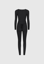 Knitted Two Tone Jumpsuit with Belt - Black