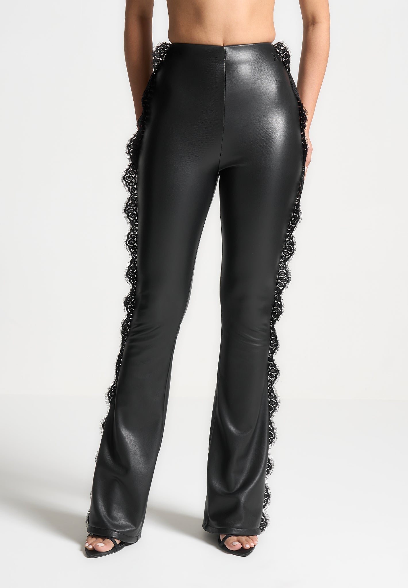 Lace Trim Leather Fit and Flare Leggings - Black 