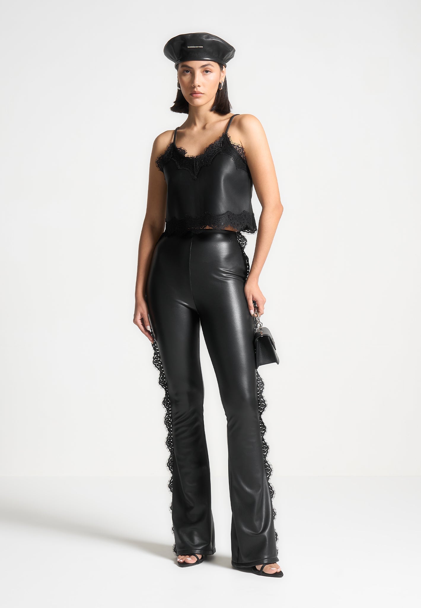 Lace Trim Leather Fit and Flare Leggings - Black 