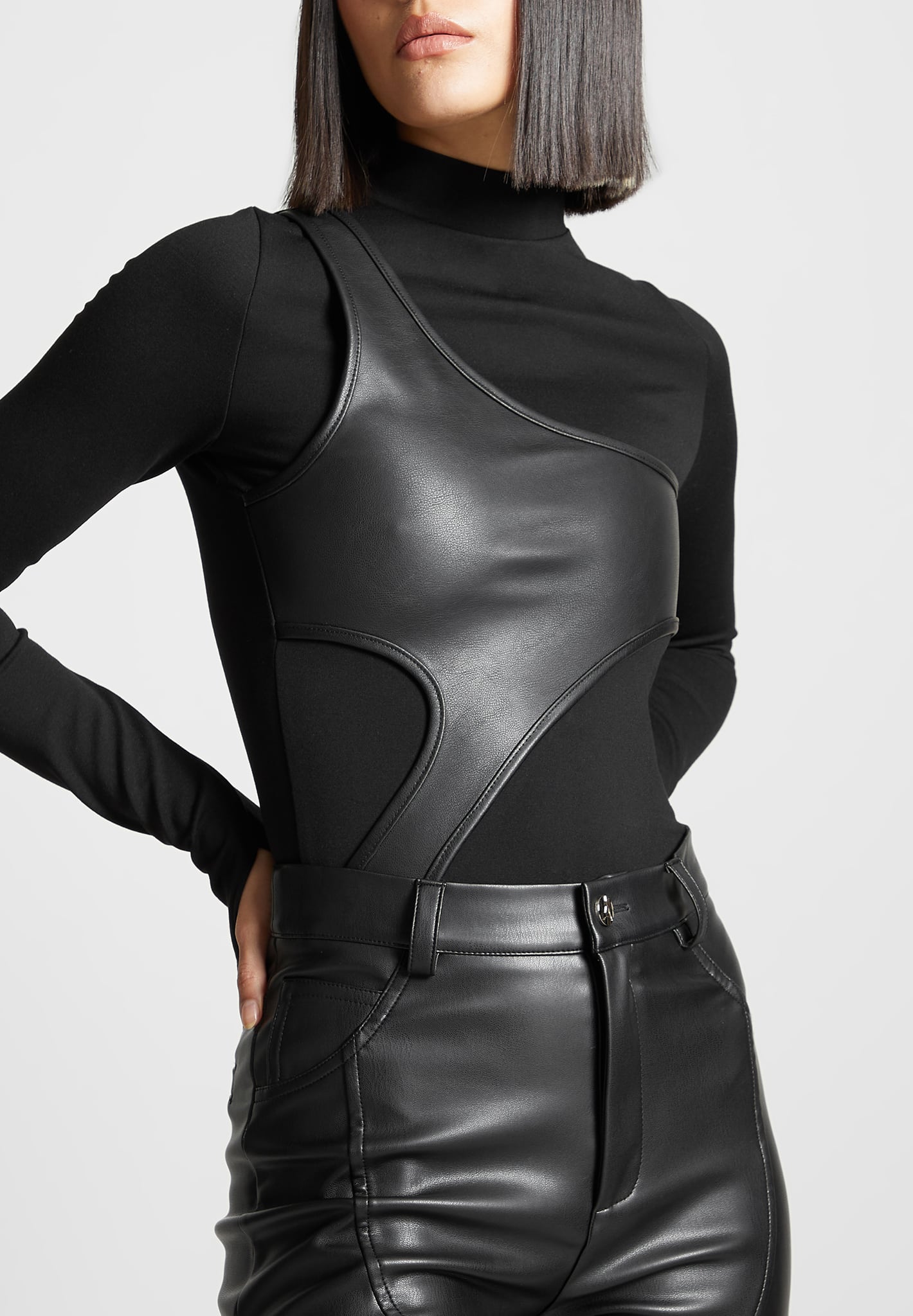 Leather Overlay High Neck Bodysuit - Black 