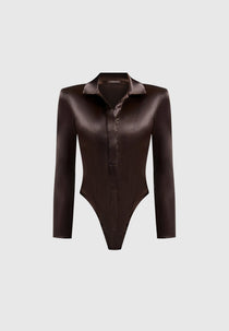 Louise - Wide Shoulder Satin Shirt Bodysuit - Brown