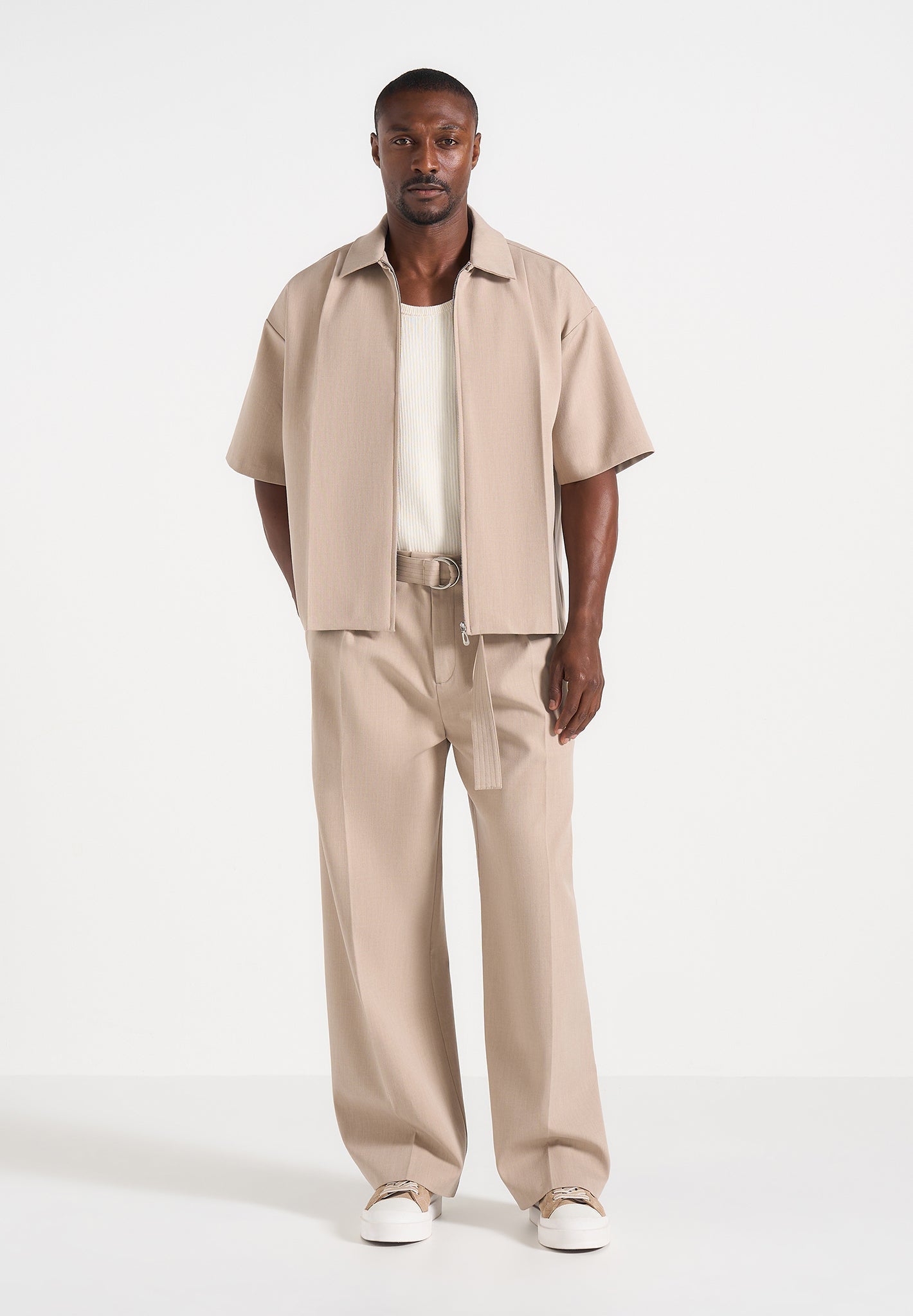Loic - Wide Leg Tailored Pants With Belt - Beige