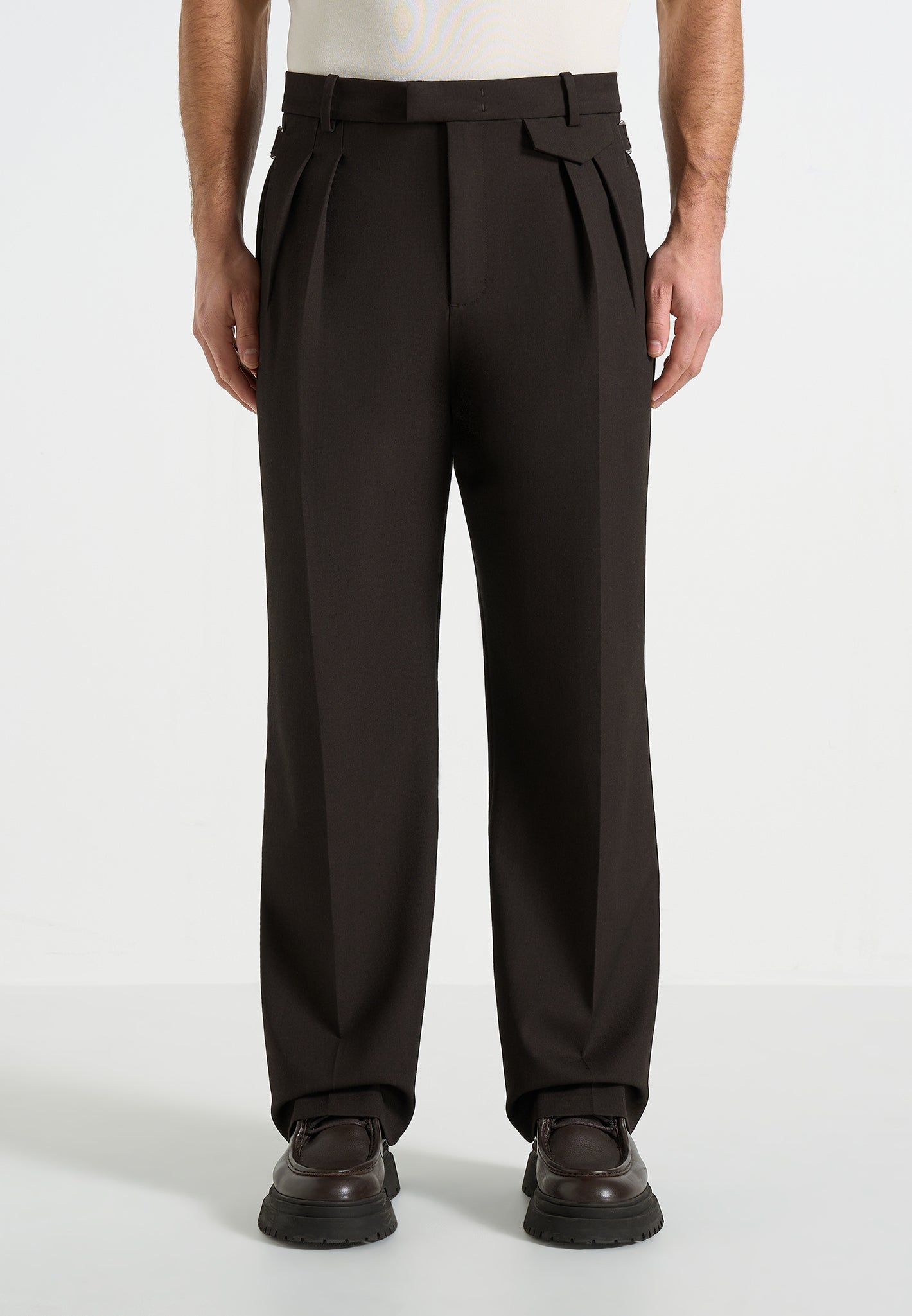 Pierre - Twin Pleat Tailored Pants - Dark Brown 
