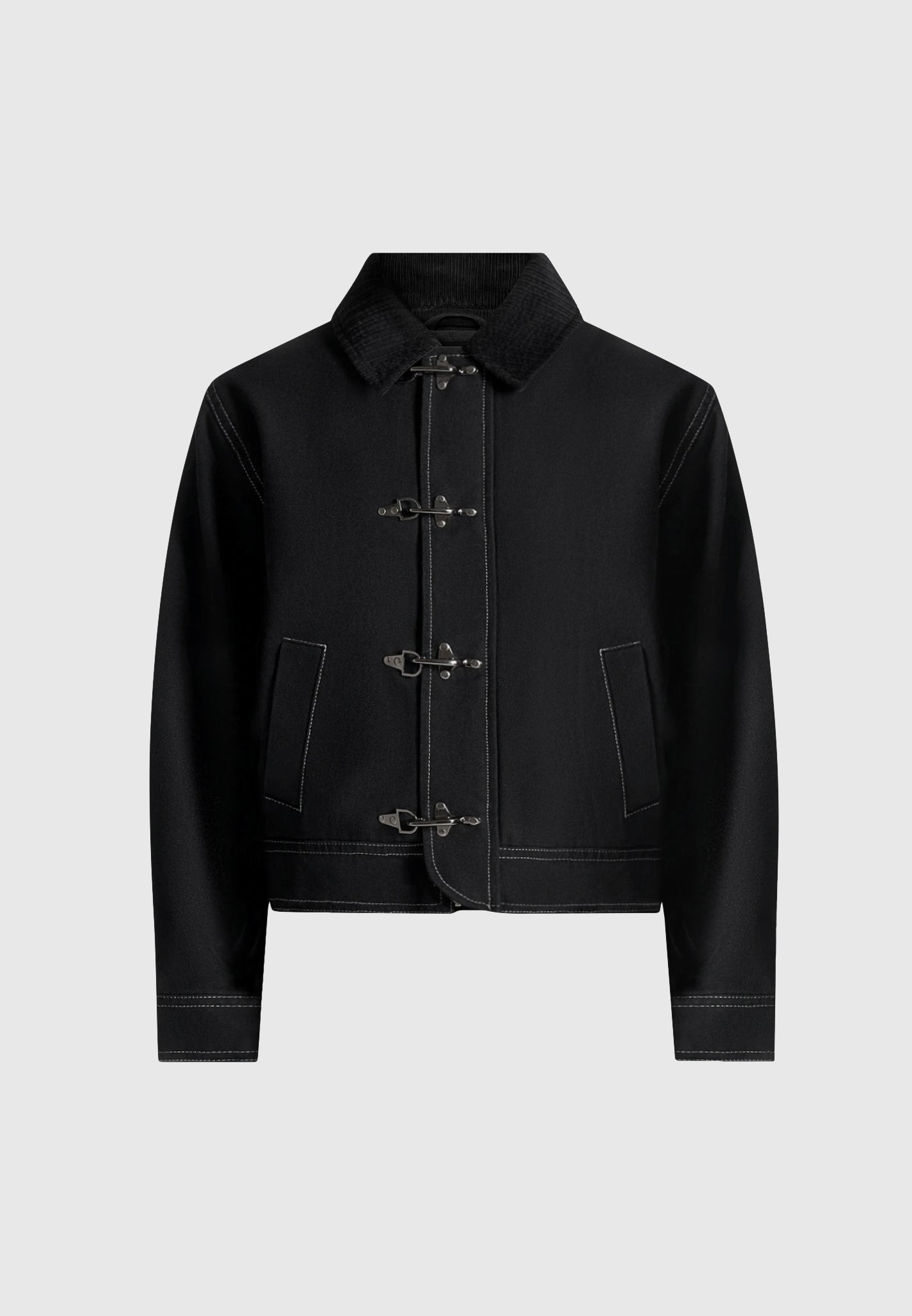 clasp-detail-contrast-stitch-gabardine-jacket-black