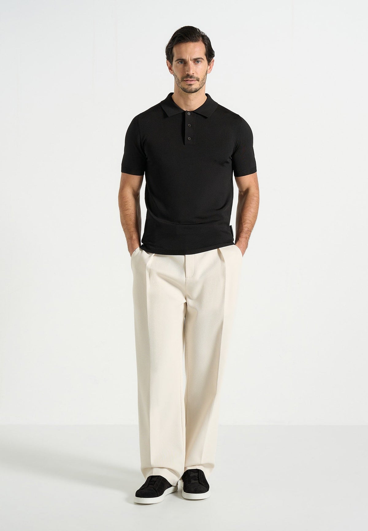 PL001 - Luxe Knitted Polo Top - Black