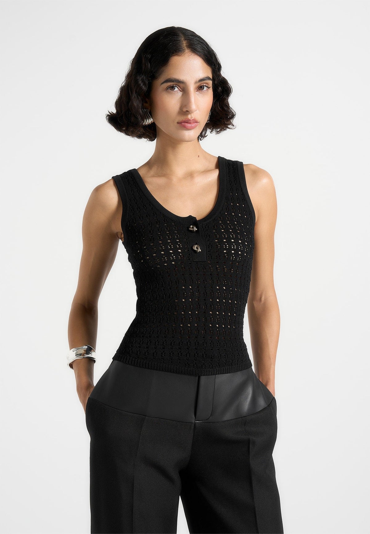 Nora - Pointelle Knitted Tank Top with Knot Button - Black