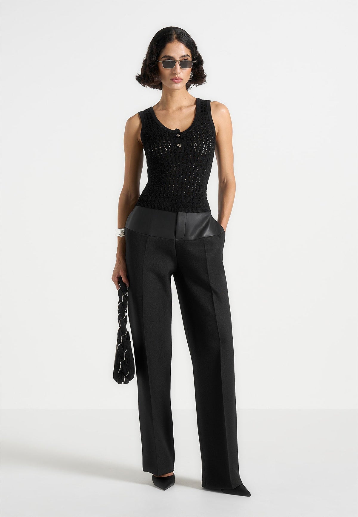 Nora - Pointelle Knitted Tank Top with Knot Button - Black