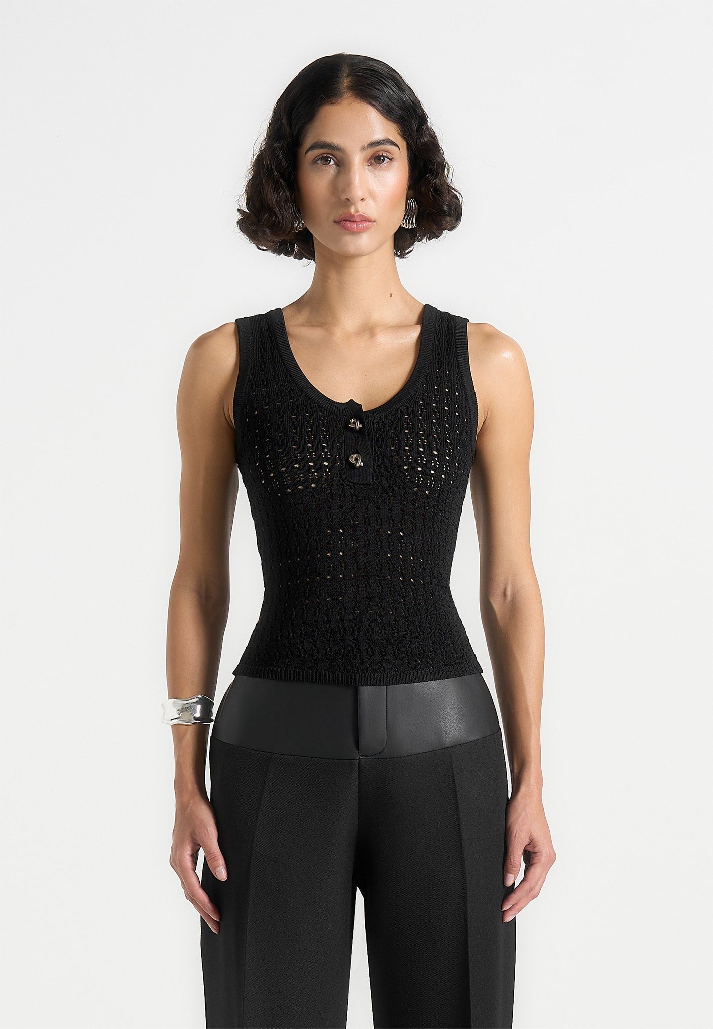Nora - Pointelle Knitted Tank Top with Knot Button - Black