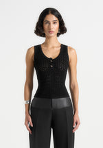 Nora - Pointelle Knitted Tank Top with Knot Button - Black