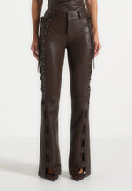 Ambre - Leather Lace Up Flared Pants - Brown