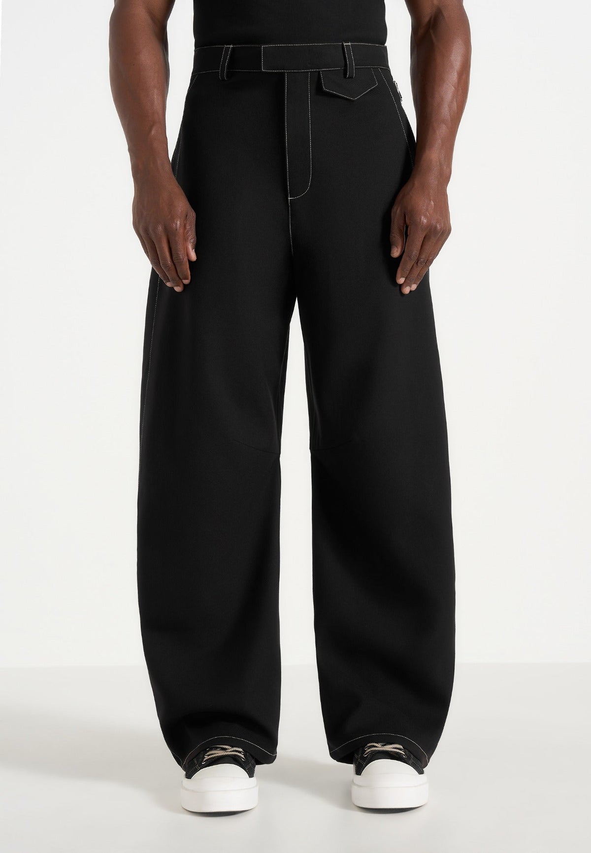 marceau-contrast-stitch-barrel-leg-trousers-black