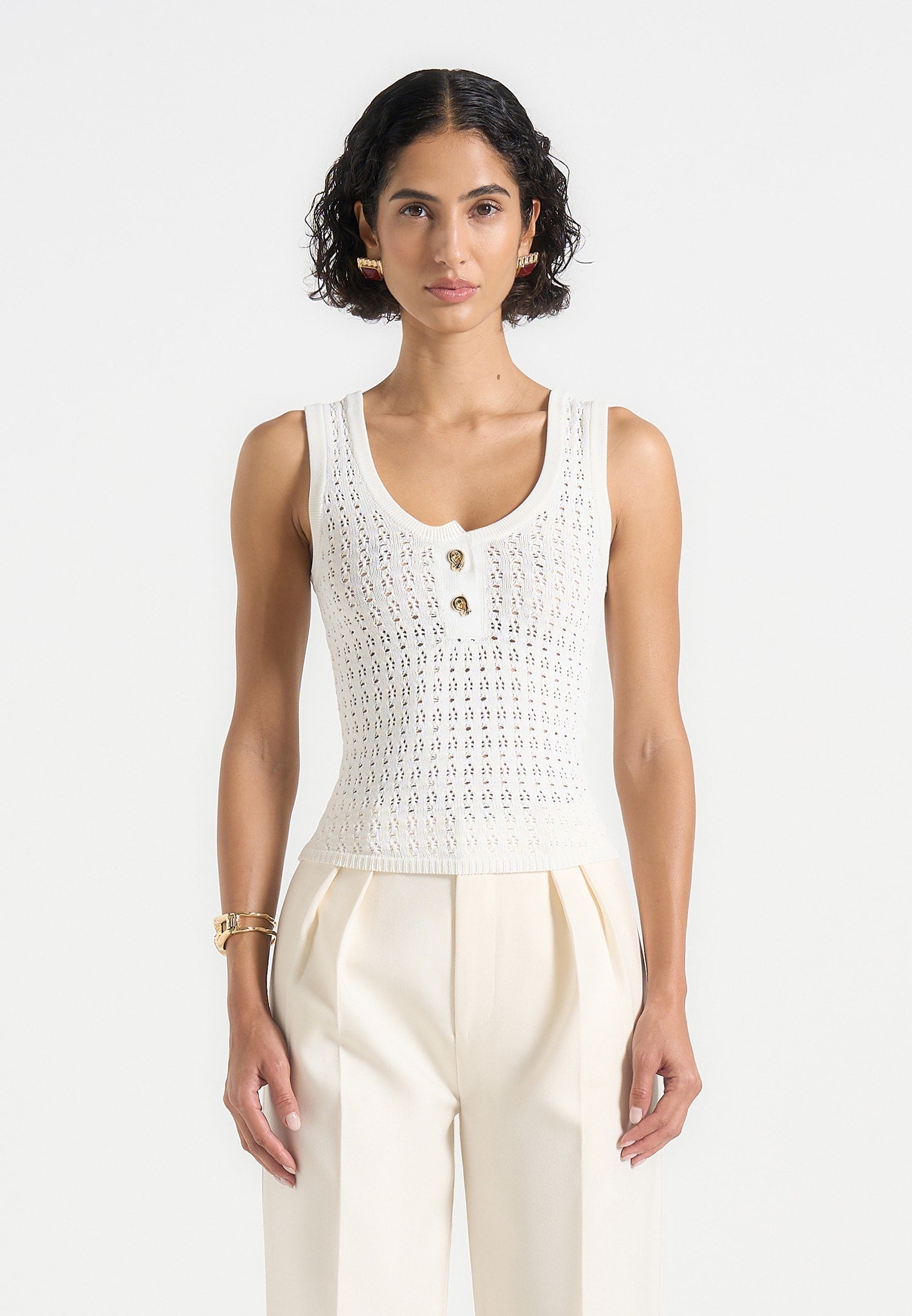 Nora - Pointelle Knitted Tank Top with Knot Button - Cream