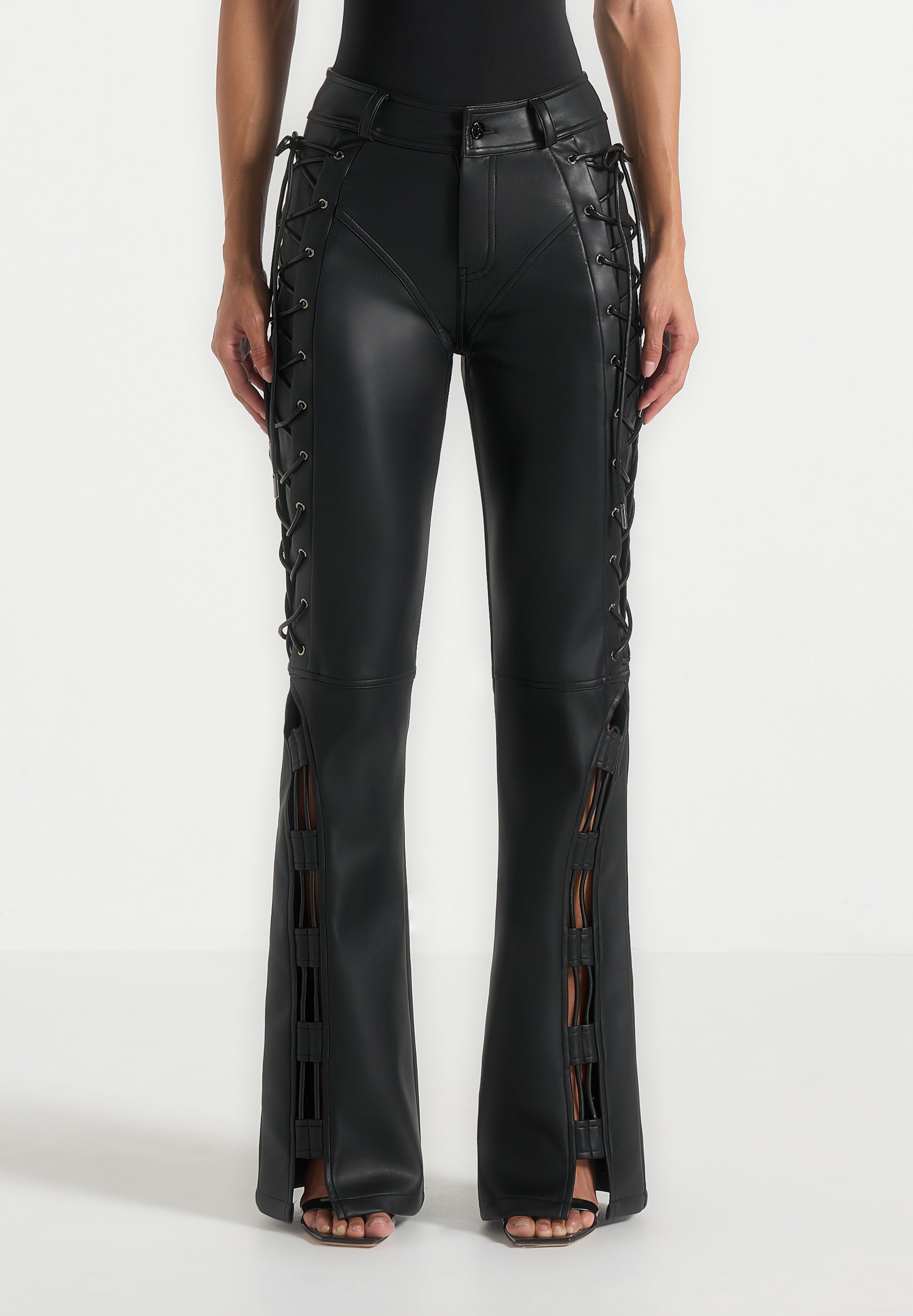Ambre - Leather Lace Up Flared Pants - Black