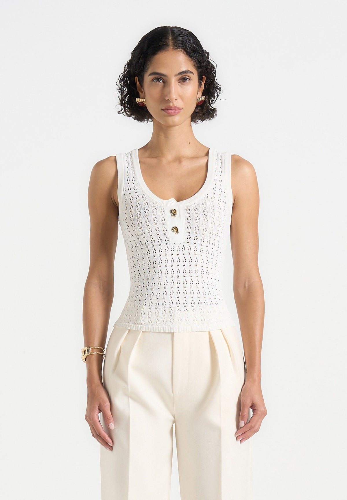 Nora - Pointelle Knitted Tank Top with Knot Button - Cream