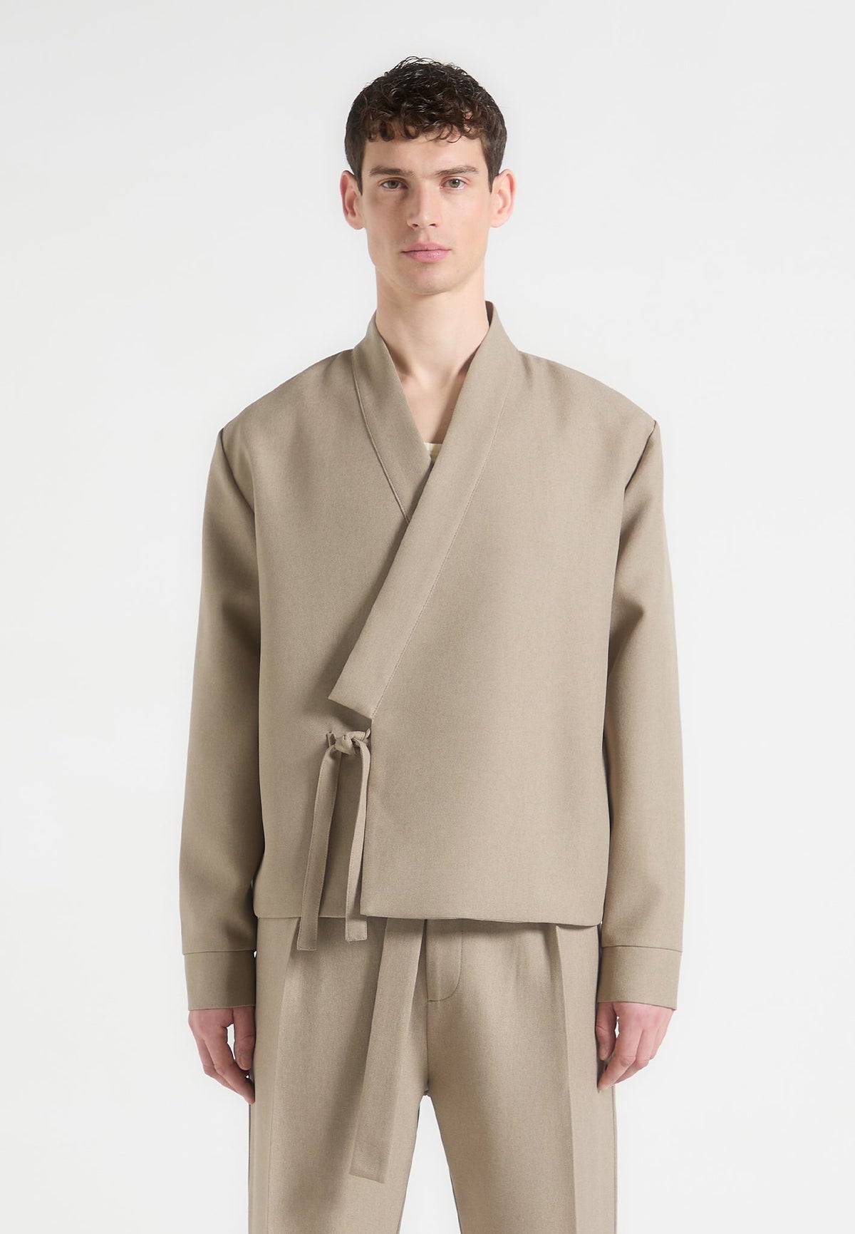 Robin - Textured Kimono Wrap Jacket - Beige