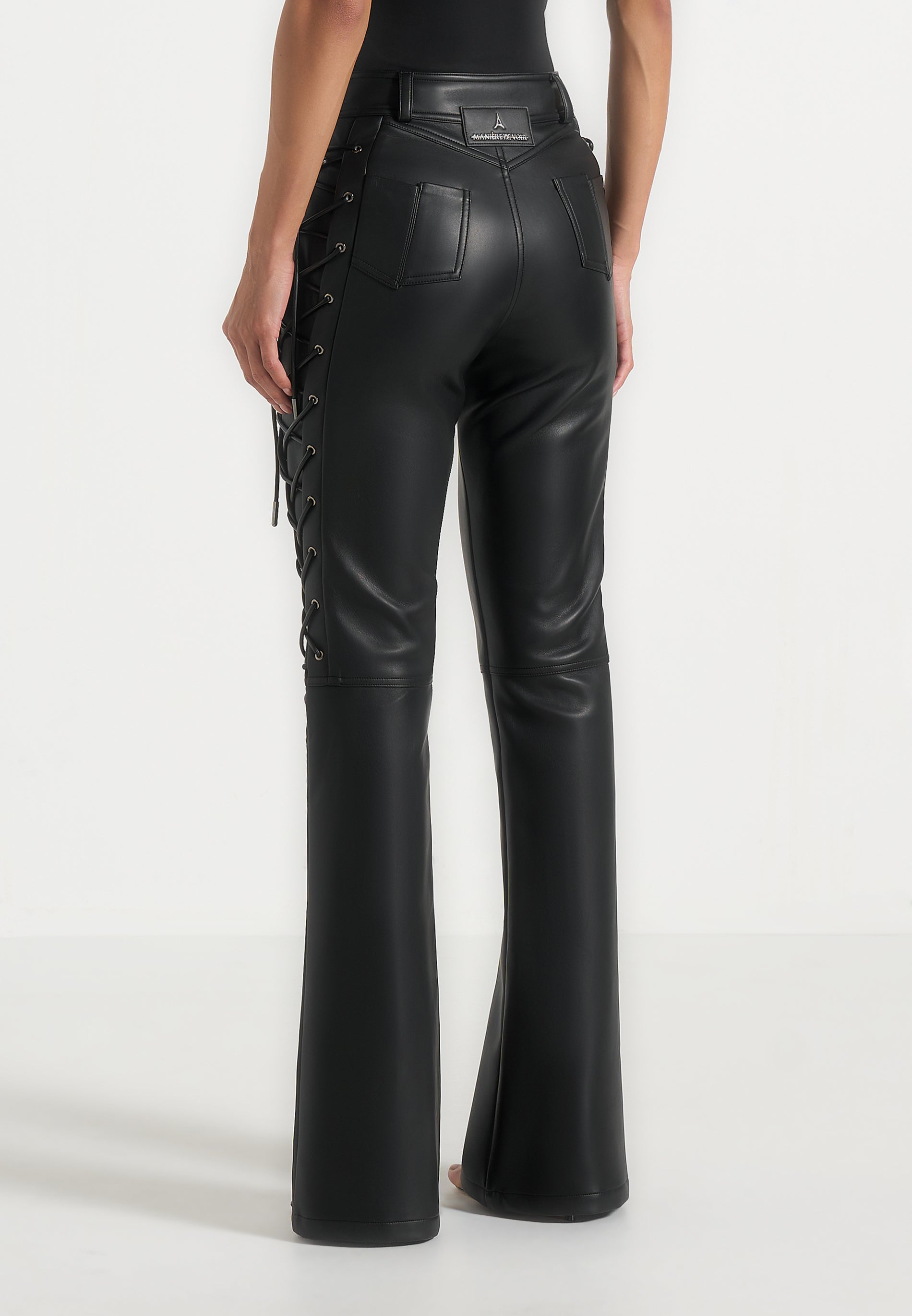 Ambre - Leather Lace Up Flared Pants - Black