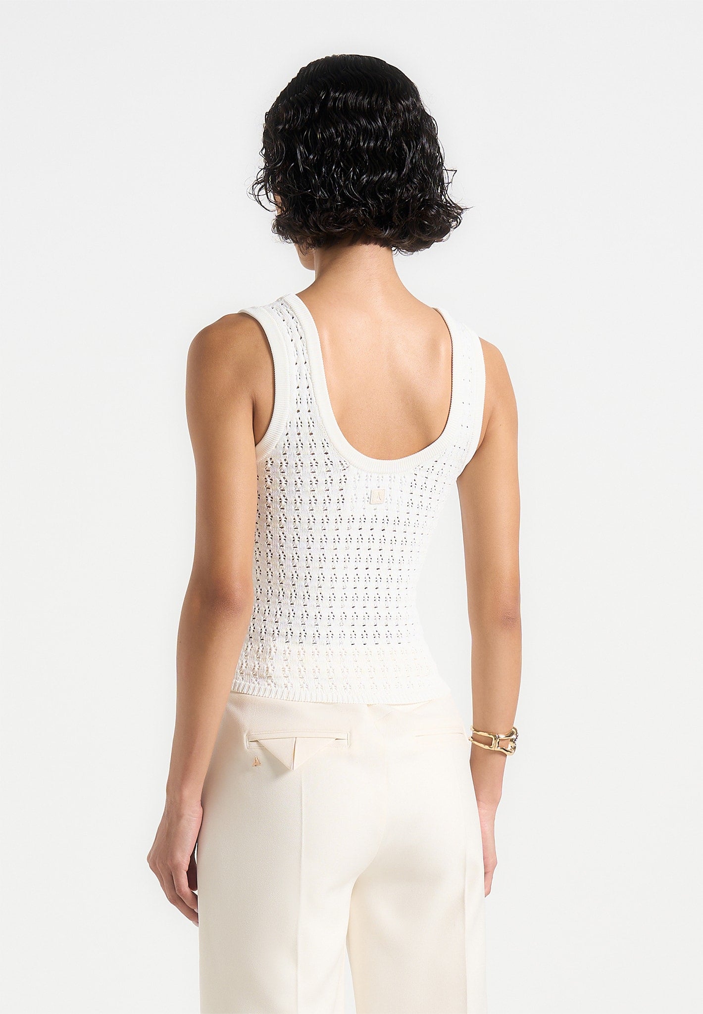Nora - Pointelle Knitted Tank Top with Knot Button - Cream