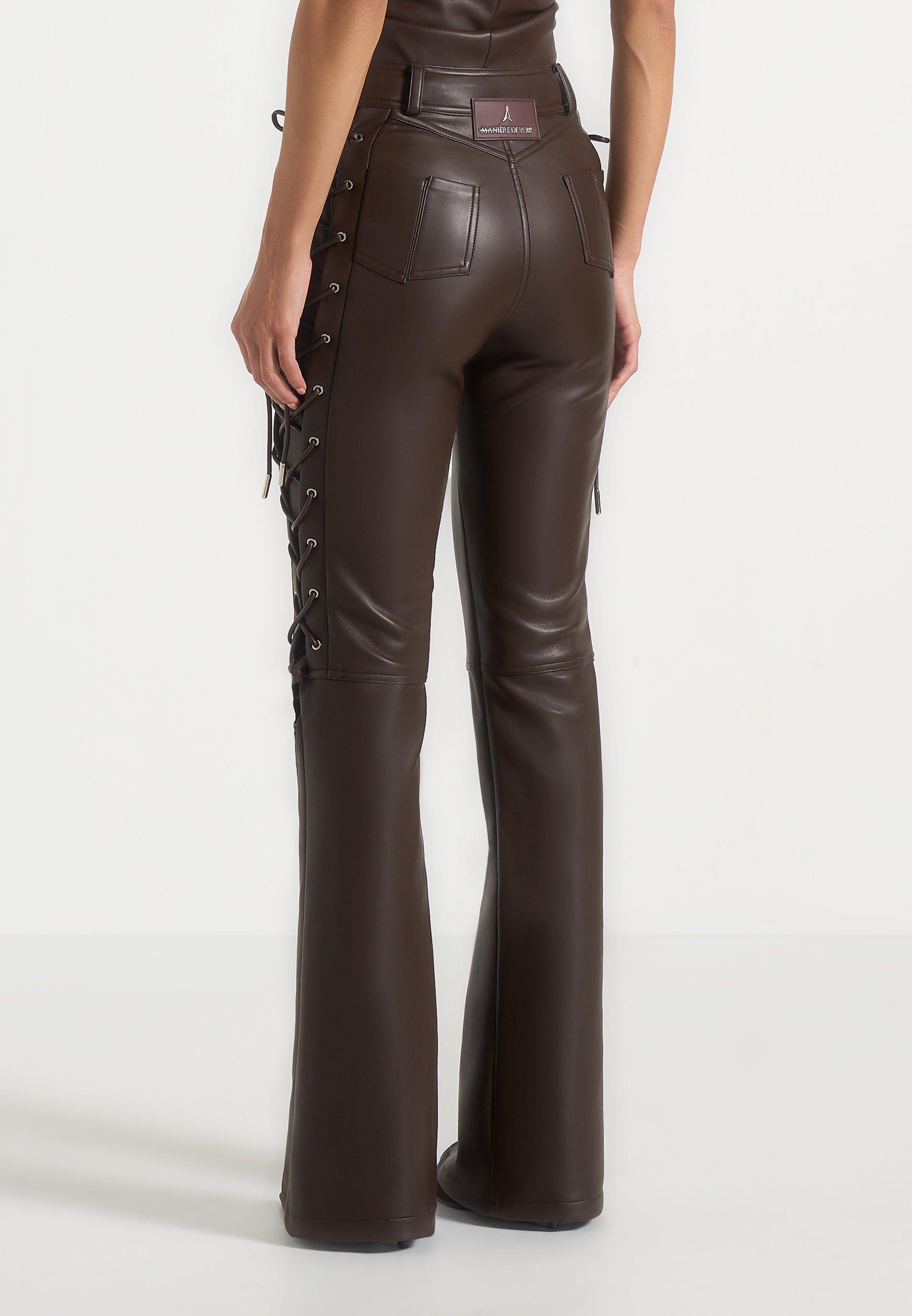 Ambre - Leather Lace Up Flared Pants - Brown