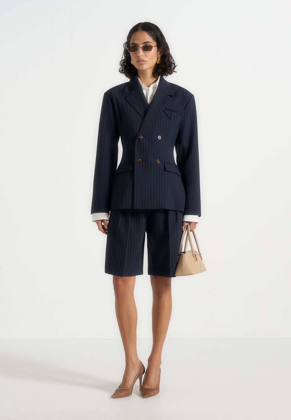Lorette - Pinstripe Twin Pleat Tailored Shorts - Navy
