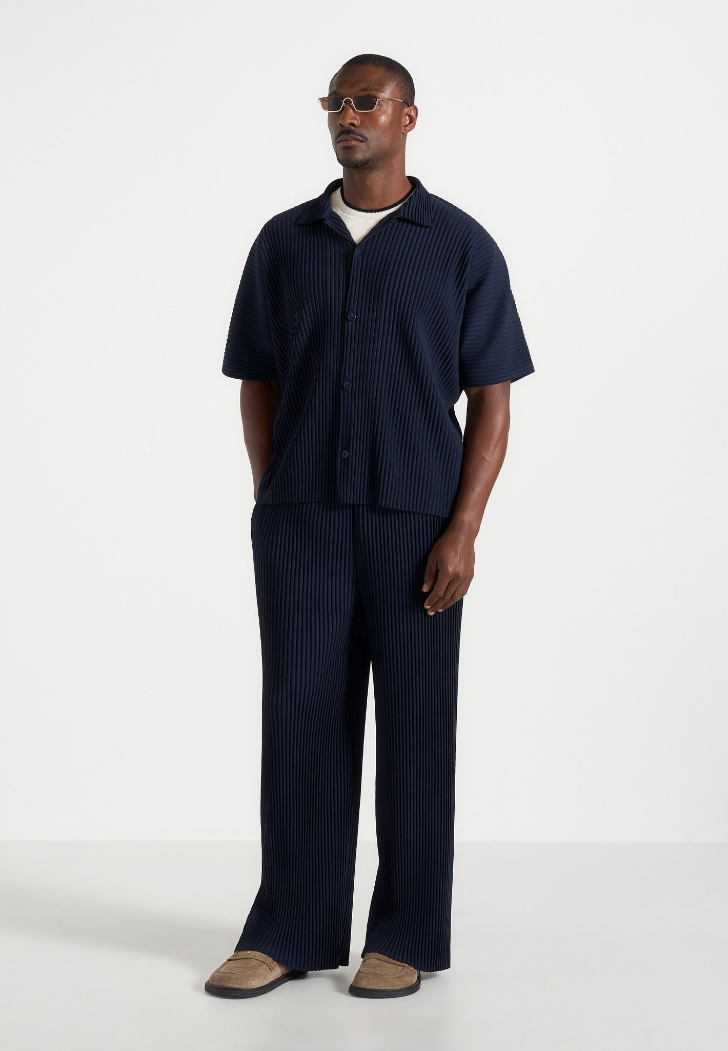 Jonas - Pleated Wide Leg Pants - Navy 