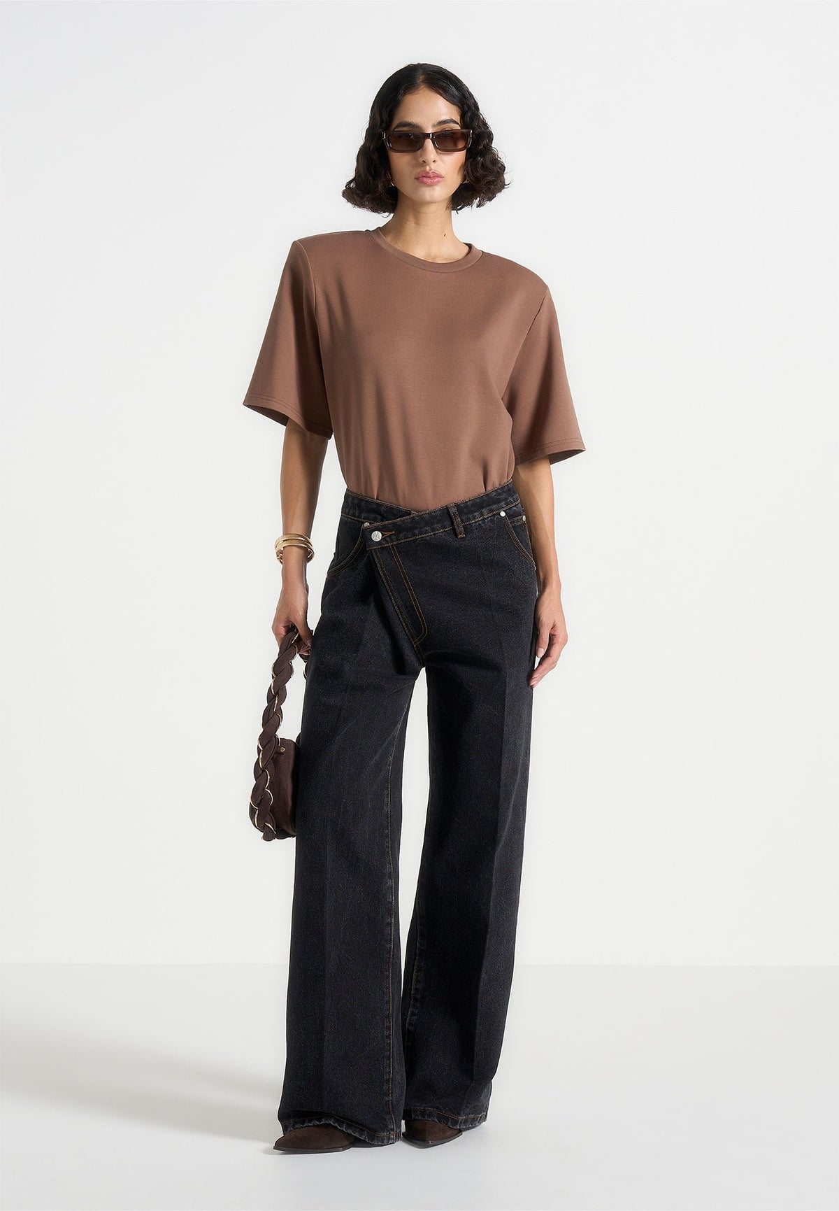 BS002 - Wide Shoulder Bodysuit T-Shirt - Brown