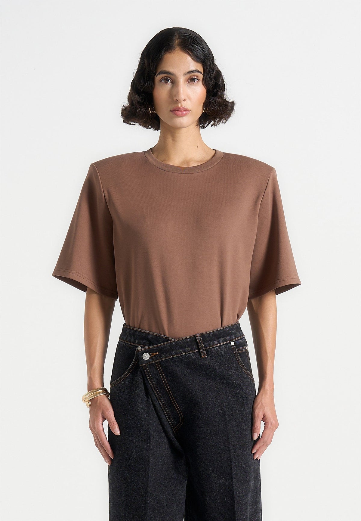 BS002 - Wide Shoulder Bodysuit T-Shirt - Brown