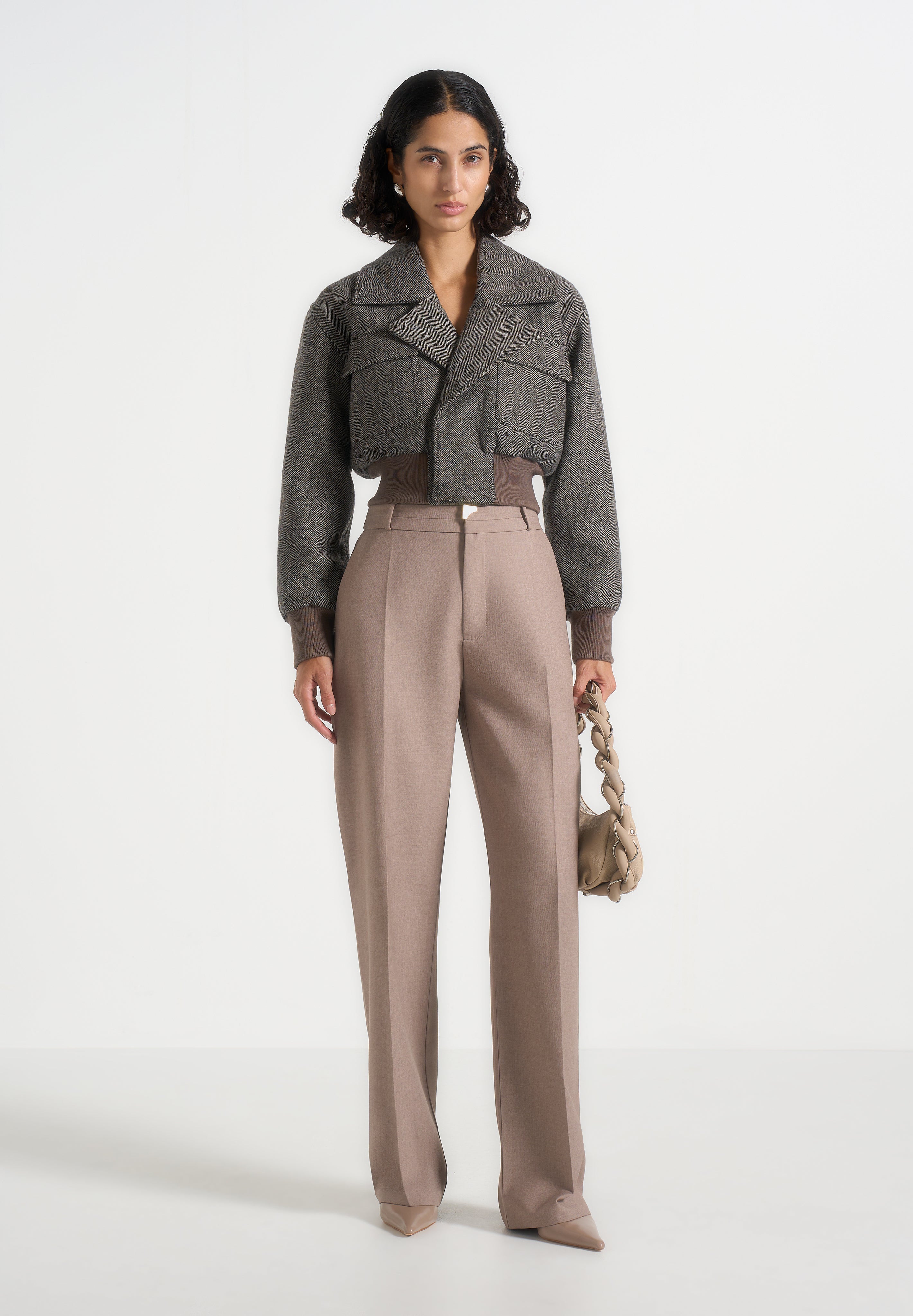 Cosette - Herringbone Wool Lapel Bomber Jacket - Grey 