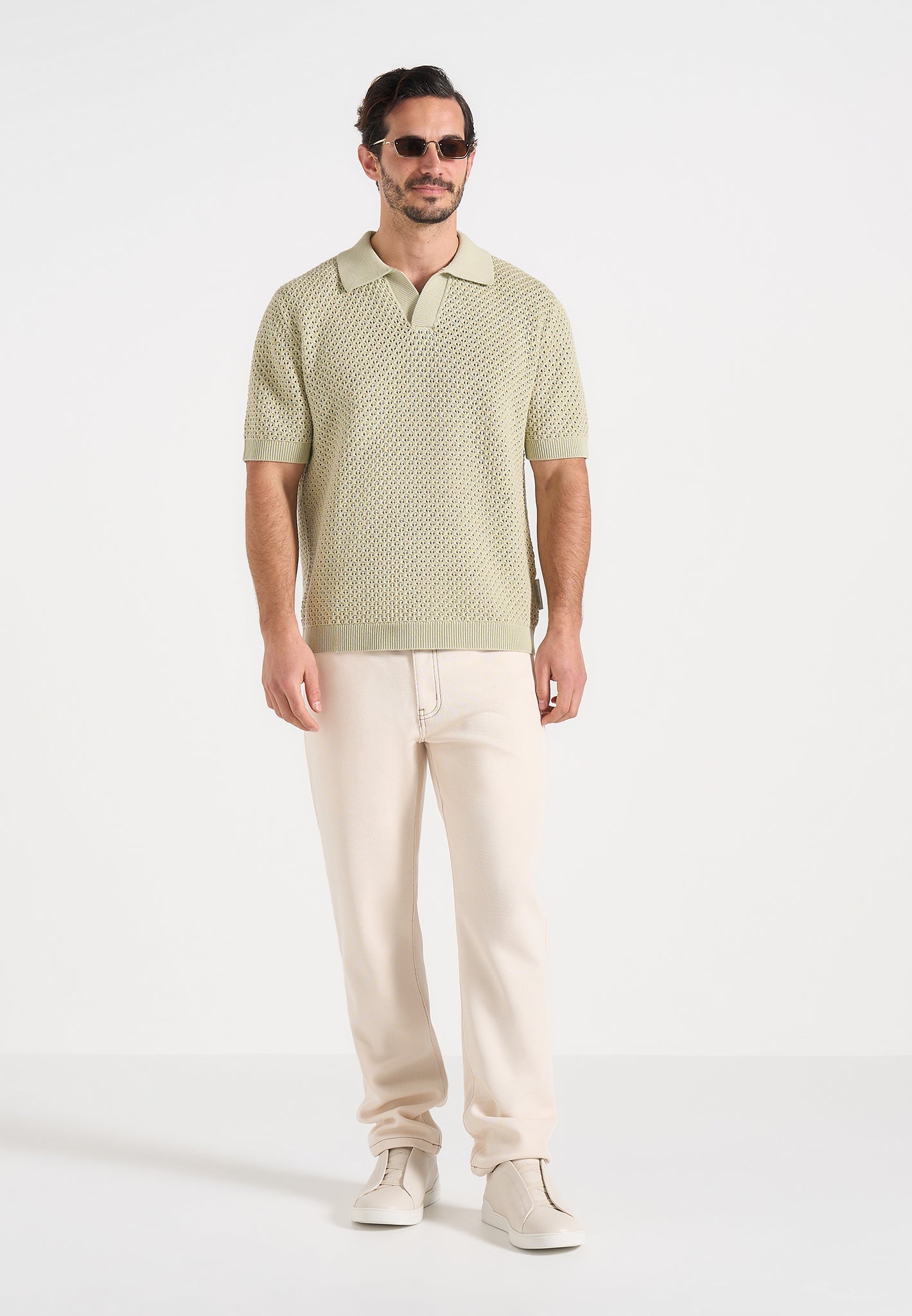 Conrad - Open Knit Polo Shirt - Sage 