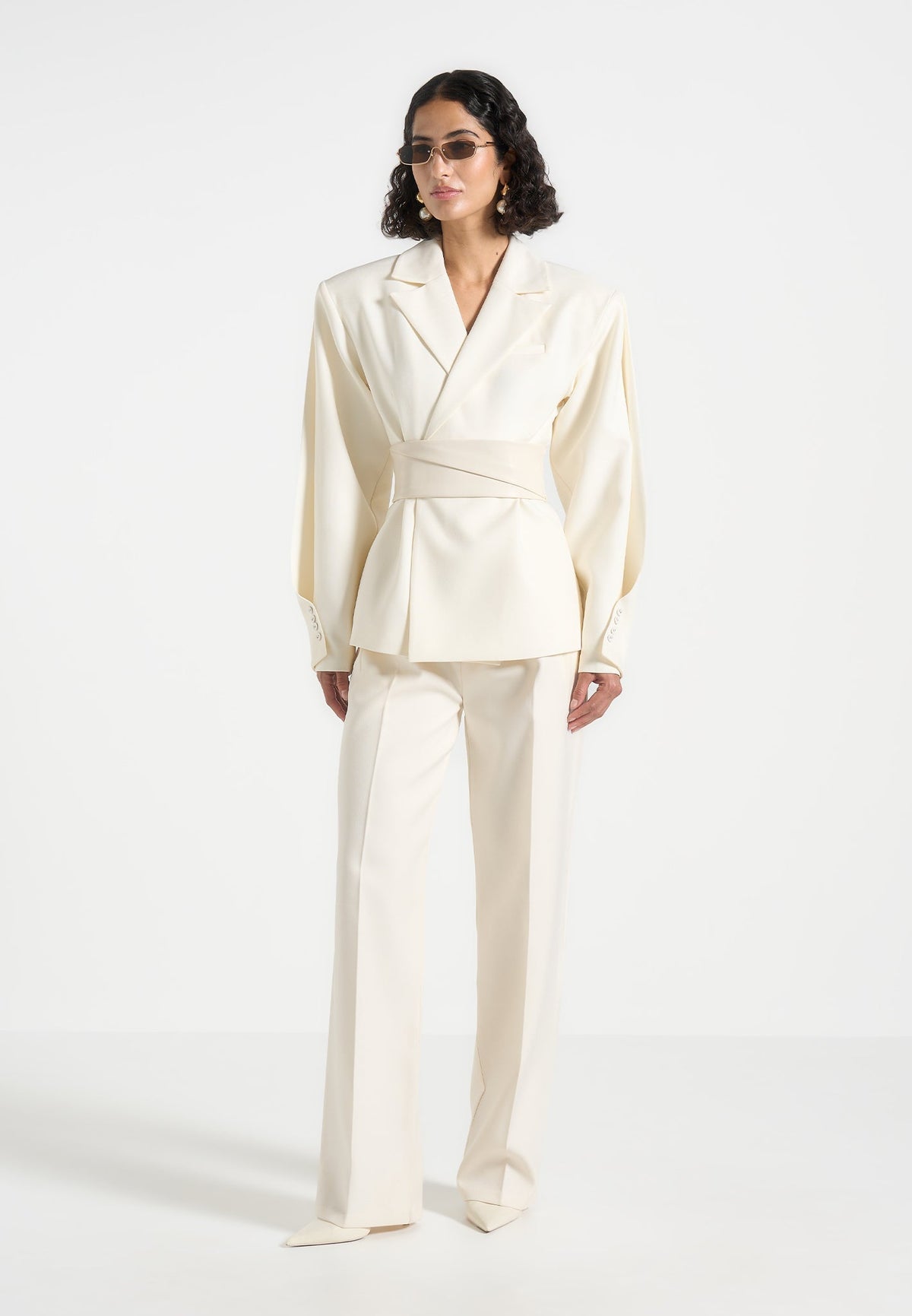 Marie - Twist Sleeve Tailored Blazer with Belt - Off White