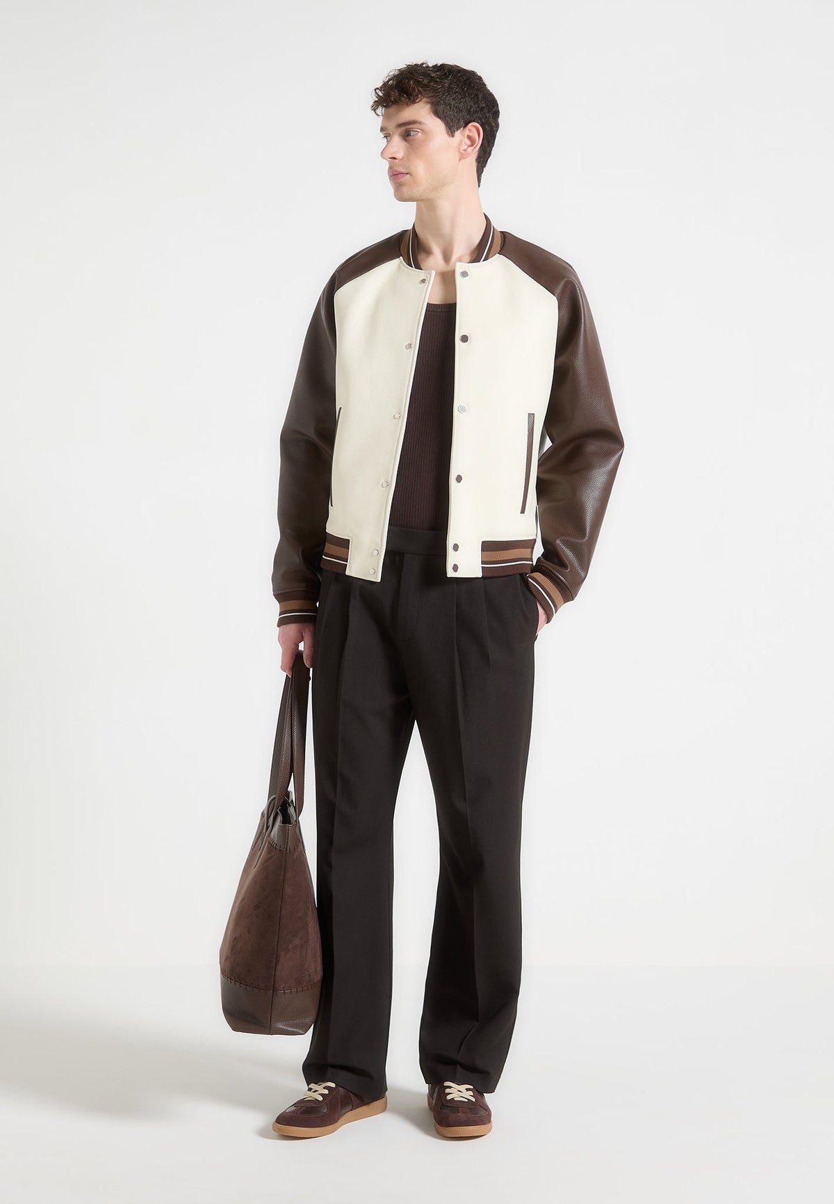 Guy - Contrast Leather Bomber Jacket - Cream/Brown