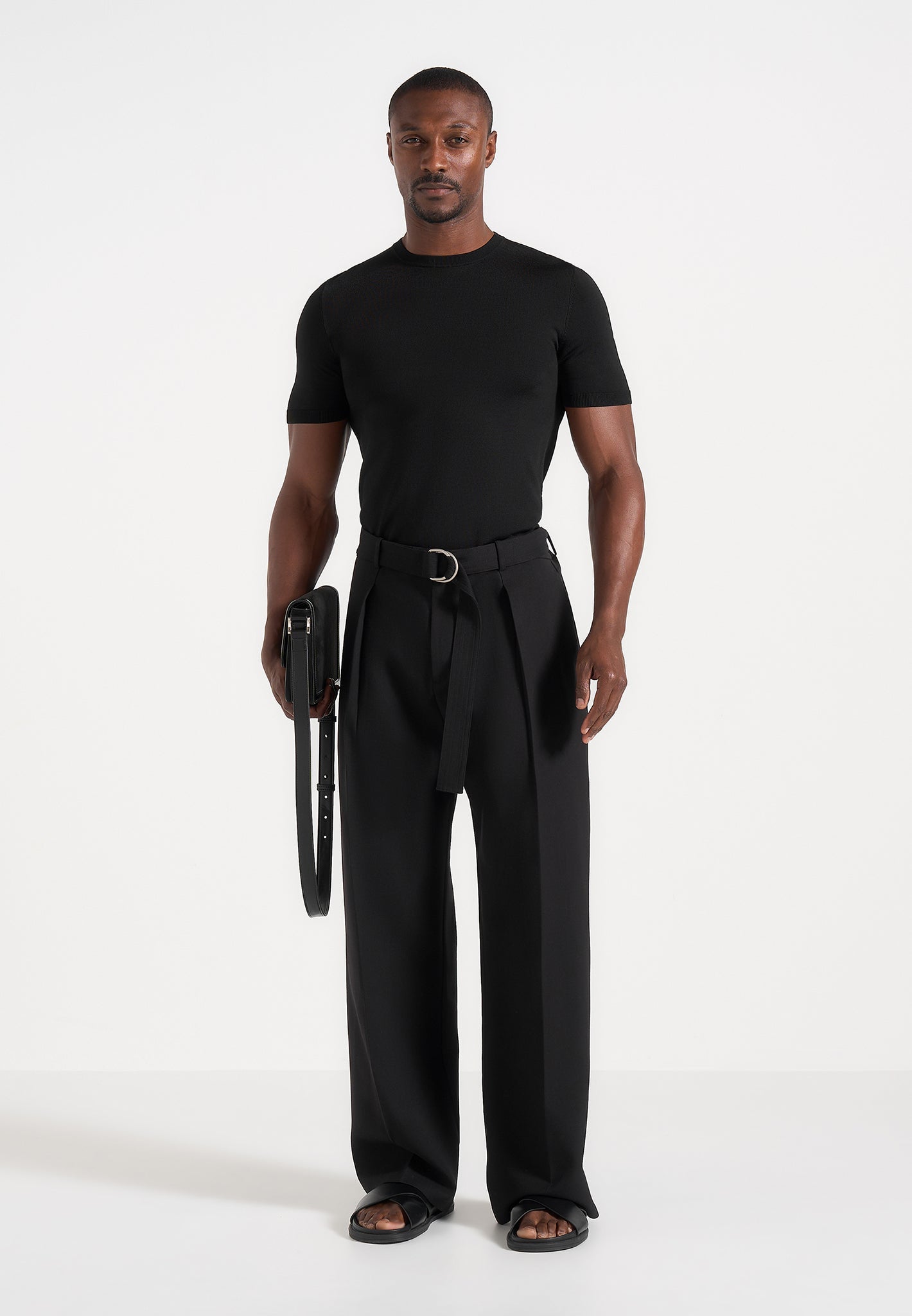 Loic - Wide Leg Tailored Pants With Belt - Black 