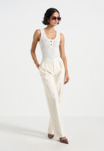 Nora - Pointelle Knitted Tank Top with Knot Button - Cream