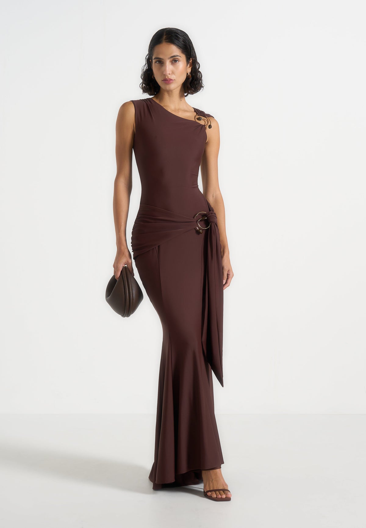 Rania - Asymmetric Draped Maxi Dress - Brown