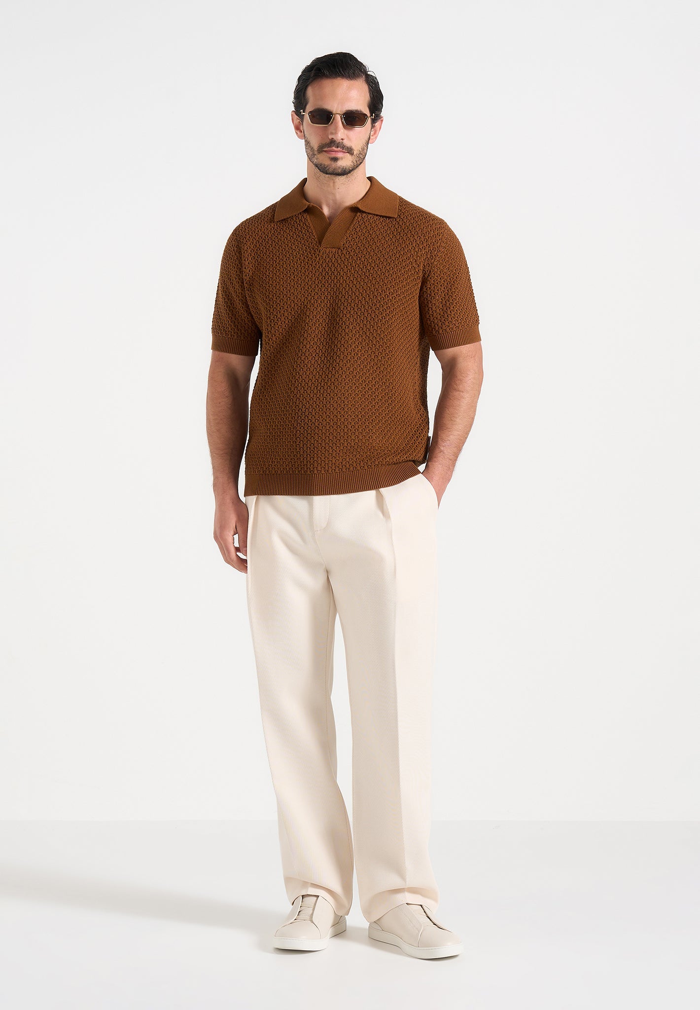 Conrad - Open Knit Polo Shirt - Fawn 