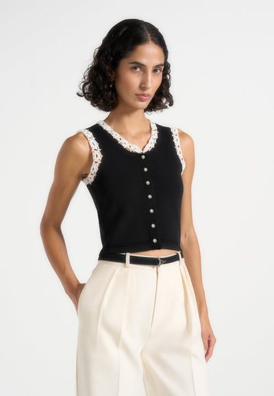 Evelyn - Crochet Frill Crop Top - Black